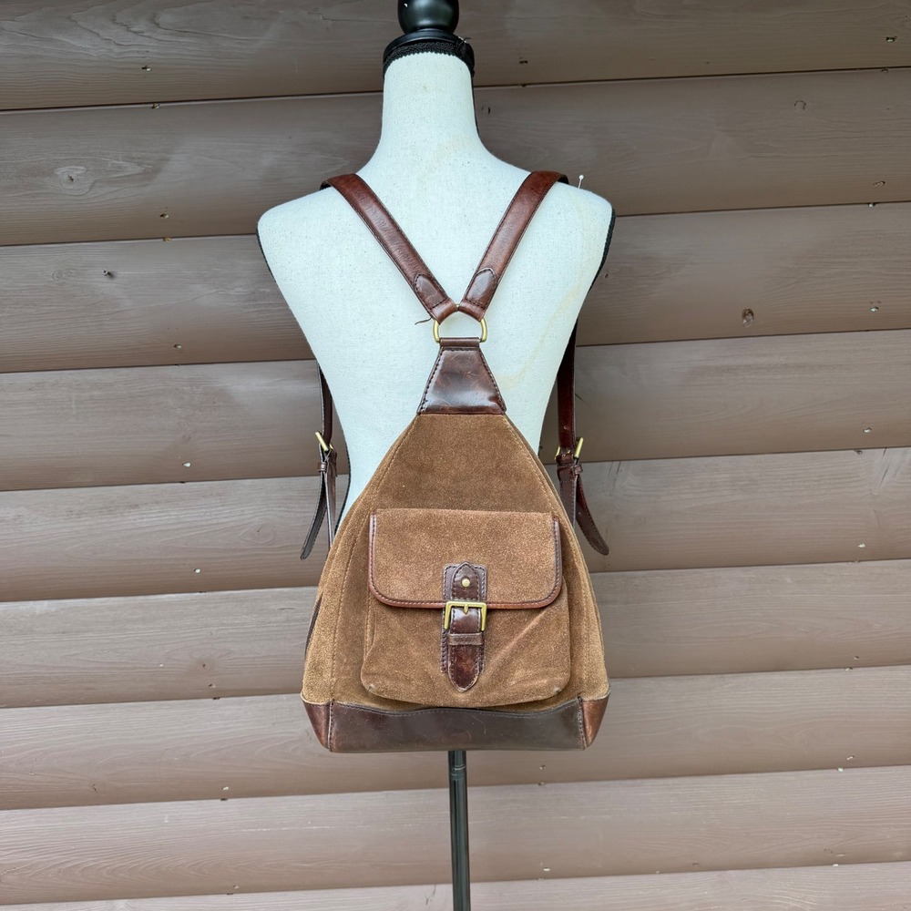 Vintage Eddie Bauer 90s Suede Leather Backpack Sling Bag Brown